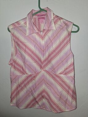 She's Cool Pink and Cream Striped Sleeveless Collared Top